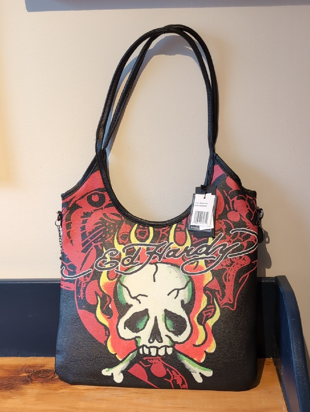 Ed Hardy Black and Red Skull Flame Shoulder Bag